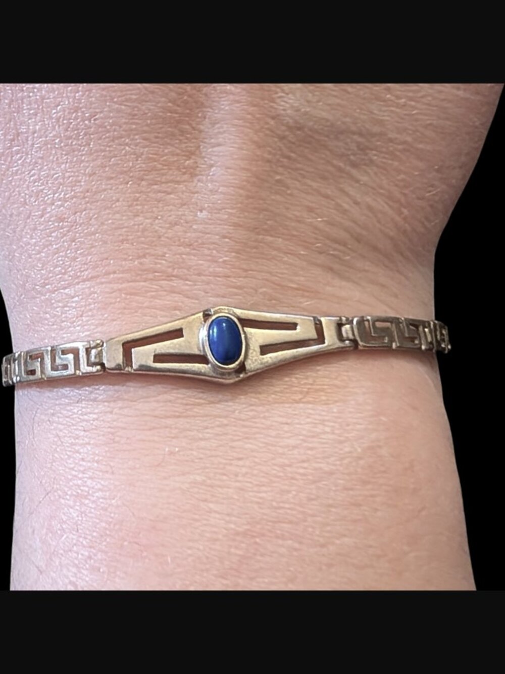 925 Sterling Silver Greek Key Meander Blue Lapis Size 7.25" Bracelet - Picture 3 of 14